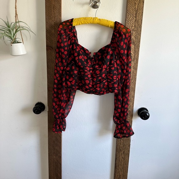 New Free People Red Black Parka Top Retro Style Smocked Crop Valentine - Picture 7 of 8